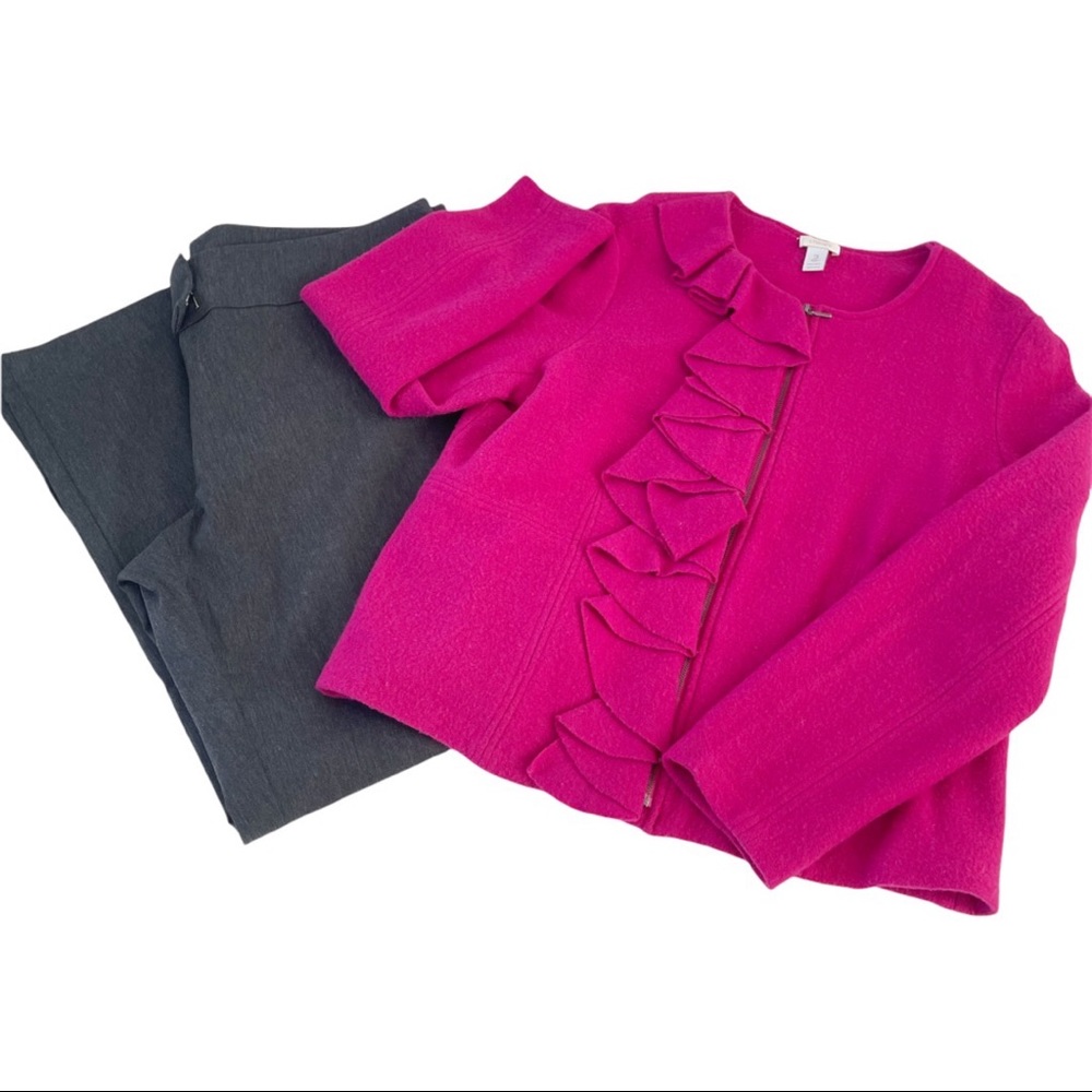 Chico’s Classic Timeless Hot Pink Zip Up Ruffle Front Wool Blazer Sz 3 / 16